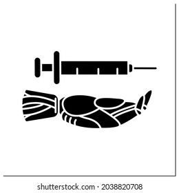 AI in healthcare glyph icon. Digital technology in medicine. Hand keeps injections tool. Medical data analysis software. AI diagnostic concept.Filled flat sign. Isolated silhouette vector illustration