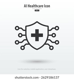 AI Healthcare icon. Protection shield cross and circuit symbol. Artificial intelligence and Healthcare concepts. Innovation, treatment, and medicine. Icon for apps and web. Vector illustration.