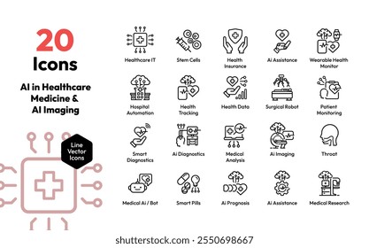 AI no conjunto de ícones da área de saúde - AI Imaging, Smart Diagnostics, Medical Robotics e Health Data Solutions