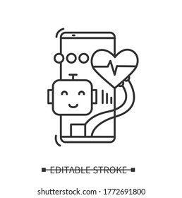 AI in healthcare icon. Smartphone, robot and heart rhythm. Line illustration pictogram of distant medical service and digital medicine technology. Online doctor. Editable vector for logo and web 