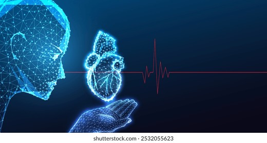 Innovatives KI-Gesundheitskonzept mit Roboterkopf, der das anatomische menschliche Herz auf dunkelblauem Hintergrund hält. Fortschritte bei medizinischen KI-, Healthtech- und Kardiologielösungen. Glänzende Vektorgrafik