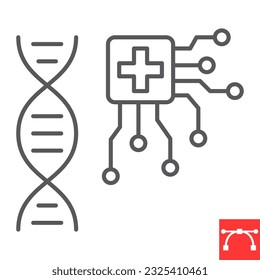 AI healthcare line icon, technology and artificial intelligence, disease dna vector icon, vector graphics, editable stroke outline sign, eps 10.