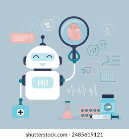 AI salud e investigación médica. Métodos innovadores de diagnóstico y tratamiento. Chat bot o nanobots ayudan al desarrollo de la salud mundial. Enfoque holístico del bienestar. Ilustración vectorial plana