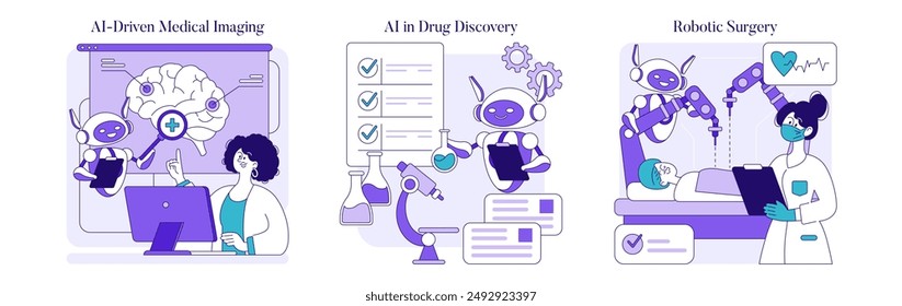 In: AI in Healthcare Set. Roboter helfen bei der medizinischen Bildgebung, bei der Entdeckung von Medikamenten und bei Operationen. Weiterentwicklung der Technologie in Diagnose und Behandlung. Vektorillustration.