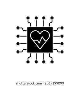 AI in healthcare solid icon design. Implementation AI in health sector. Chip with heart and pulse line design