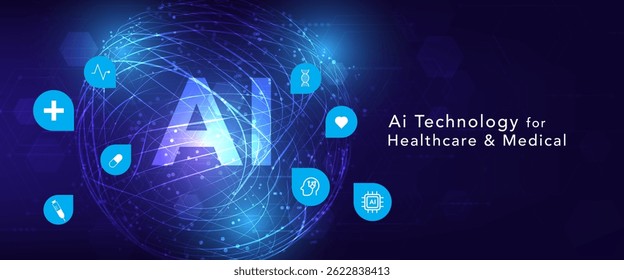 AI healthcare technology background with glowing circuits, medical icons, and digital sphere. Futuristic vector for innovation, medtech, and health data.