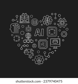 AI Heart concept vector thin line modern silver banner - Artificial Intelligence illustration with dark background