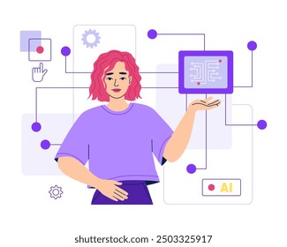 AI help woman in work, automatic business processes. Artificial intelligence for software. Innovative information technology. Testing computer chip, cpu. Isolated vector illustration