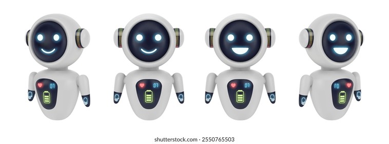 Ayudante de AI o amigo virtual, conjunto aislado de personaje realista en 3D con sonrisa en exhibición. Vector personajes lindos con la cabeza y las estadísticas de energía de la batería. Avatar de Cyborg o android, bot sonriente