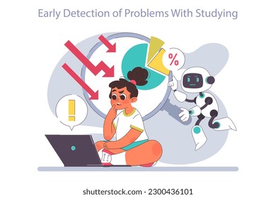 AI helping children in education with early detection of problems. Little school kid gaining knowledge with help of artificial intelligence. School with virtual assistant. Flat Vector illustration