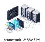 AI helps develop 3d flat isometric illustration infographic server hosting