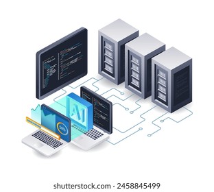 AI helps develop 3d flat isometric illustration infographic server hosting