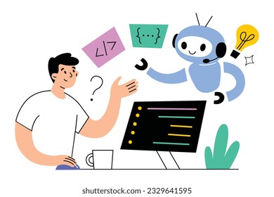 AI helps programmer to write code, artificial intelligence coding, computer screen, person takes code snippets from robot, man uses app for programming, hand drawn composition, vector illustration