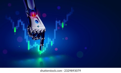AI helps trader to analyze data on the securities trading stock exchange market. AI chatbot trade on forex. Robot for automation trade on fund stock market. Robot hand points financial business chart