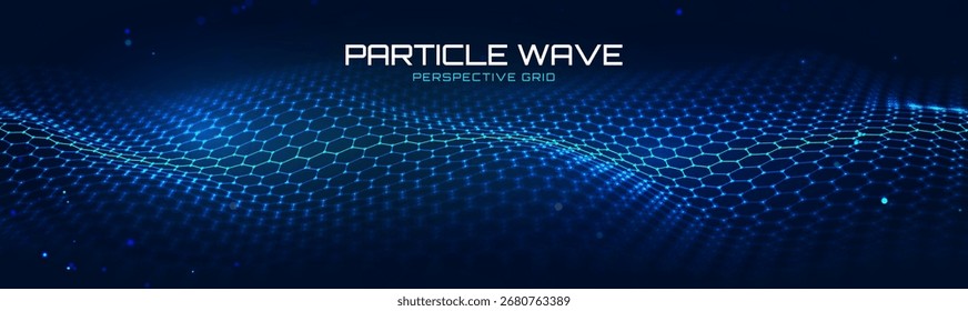 AI hexagon wave network data with 3D blue particles light sound tech. Cyberspace wavy surface with future concept illustrations and cyber shapes.