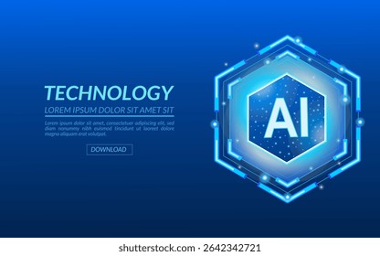 AI hexagonal symbol for advanced technology with text, Neon digital AI quantum chip HUD, blue hexagon with the abbreviation AI and glowing light effects, is placed on a subtle circuit board pattern