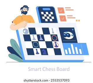 AI Hobbyist concept. Enthusiast with an electronic chessboard interfacing with artificial intelligence. Strategic game enhancement with tech. Vector illustration.