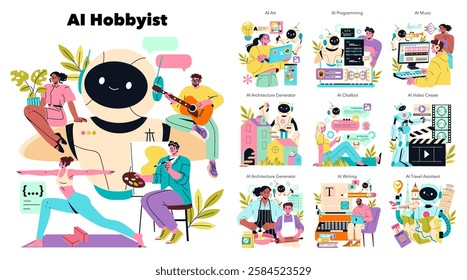 AI Hobbyist illustration. A diverse group of individuals engaging in creative activities driven by artificial intelligence technology. Represents various fields like art, music, programming, and