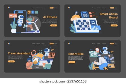 AI Hobbyist set. Digital companions revolutionizing daily activities, from fitness to chess and travel assistance to smart biking. Modern lifestyle integration. Vector illustration.
