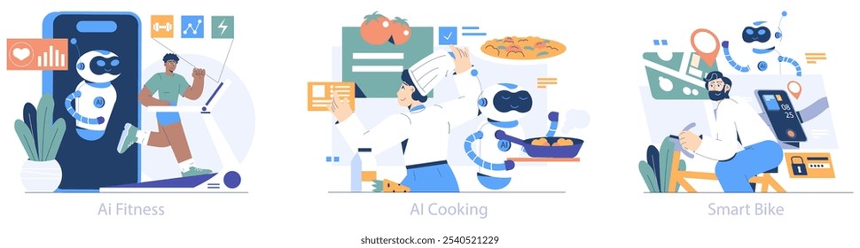 Conjunto de aficionados de IA. Explorar el impacto de la robótica en las actividades diarias como el ejercicio, la cocina y el ciclismo. Integración de tecnología innovadora en el estilo de vida. Ilustración vectorial.