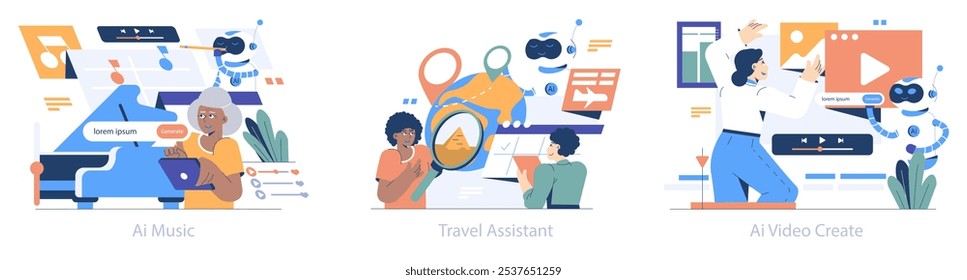 AI Hobbyist set. Individuals engaging with artificial intelligence for music, travel, and video creation. Exploring AI capabilities in everyday life. Vector illustration.