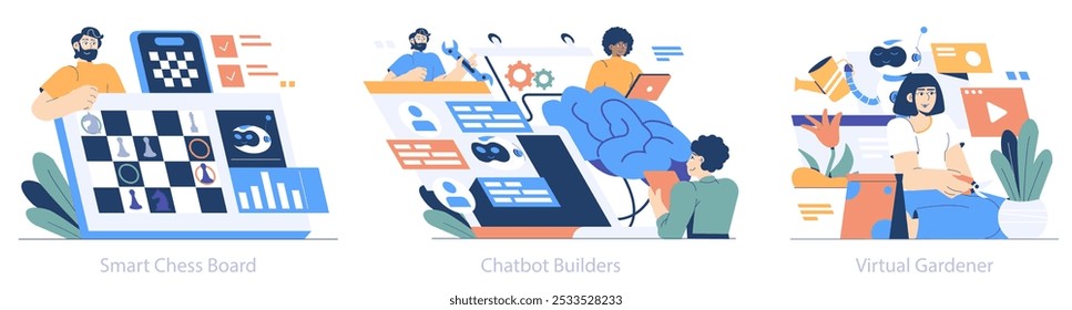 AI Hobbyist set. People engaging with digital technology in chess, chatbot creation, and virtual gardening. Enthusiasts embracing artificial intelligence in leisure activities. Vector illustration.