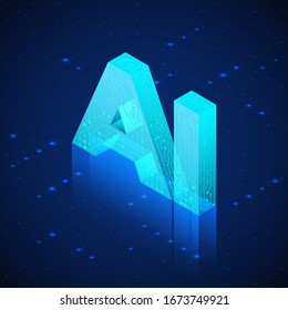 AI hologram. Artificial intelligence isometric banner. Technology background. Vector