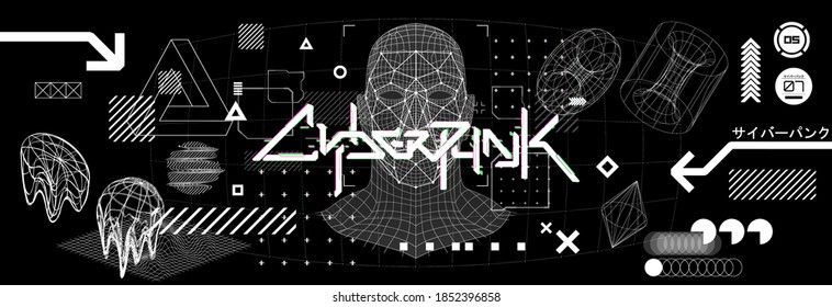 Ai hologram human head. Concept image VR and Artificial Intelligence with Hi-tech shapes. HUD, GUI, UI abstract universal elements. English translation from japanese - Cyberpunk. Vector