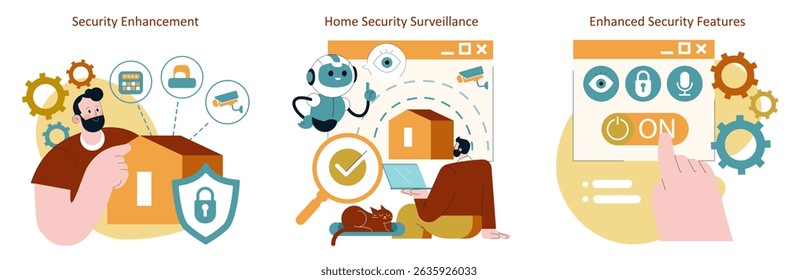 AI Home enhances security through smart features. Users monitor their homes using digital tools that combine safety and convenience, ensuring peace of mind with advanced surveillance options. Vector