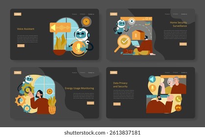 AI Home illustration presents innovative features for modern living. It includes a voice assistant, home security, energy monitoring, and data privacy, showcasing smart technology integration. Vector