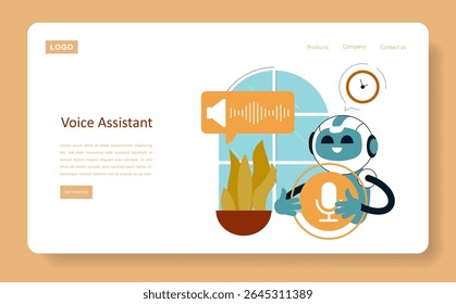 Conceito de integração de home AI com foco em um assistente de voz. Ilustra um robô amigável interagindo por comandos de voz, exibindo tecnologia moderna na vida doméstica e voz contínua
