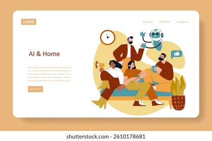 AI and home integration with a group of people enjoying technology together. Highlights connection and innovation in everyday life. Emphasizes the role of AI in enhancing home experiences. Vector