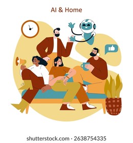 AI and home life integration. A group of friends interacts with a friendly robot, sharing moments of joy and connection in a modern living space. Emphasizes technology enhancing relationships.