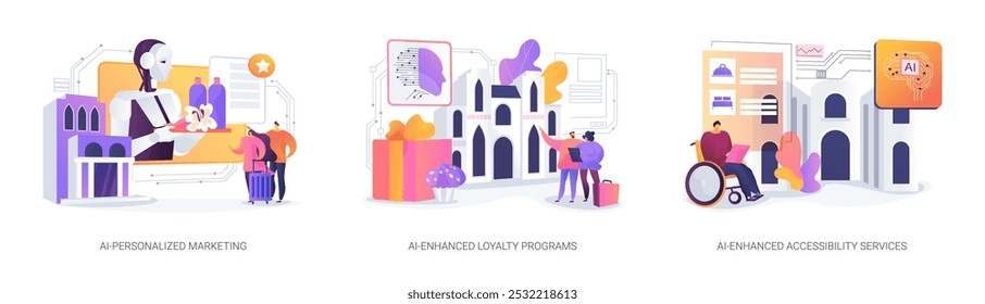 AI in Hospitality industry abstract concept vector illustration set. AI-Personalized Marketing campaigns, AI-Enhanced customer Loyalty Programs, AI-Enhanced Accessibility Services abstract metaphor.