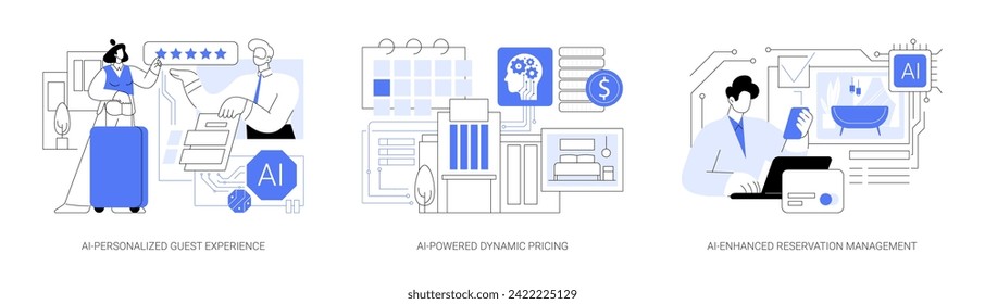 La IA en la gestión de Hospitalidad abstracta concepto de ilustración vectorial conjunto. Experiencia personalizada en AI, Precios dinámicos de habitaciones con tecnología de IA, metáfora abstracta de gestión de reservas mejorada con IA.