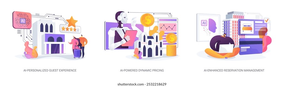 AI in Hospitality management abstract concept vector illustration set. AI-Personalized Guest Experience, AI-Powered Dynamic room Pricing, AI-Enhanced Reservation Management abstract metaphor.