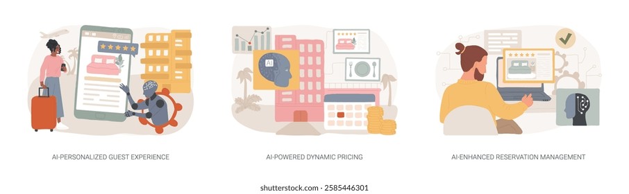 AI in Hospitality management abstract concept vector illustration set. AI-Personalized Guest Experience, AI-Powered Dynamic room Pricing, AI-Enhanced Reservation Management abstract metaphor.