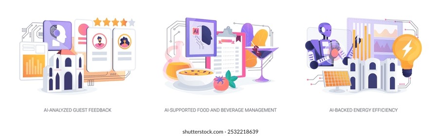 AI in Hotel management abstract concept vector illustration set. AI-Analyzed Guest Feedback and reviews, AI-Supported Food and Beverage Management, AI-Backed Energy Efficiency abstract metaphor.