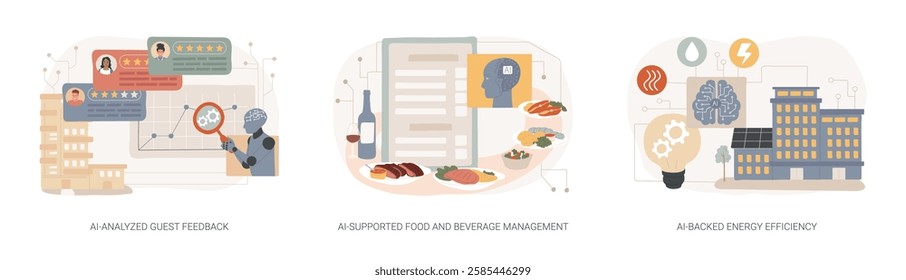 AI in Hotel management abstract concept vector illustration set. AI-Analyzed Guest Feedback and reviews, AI-Supported Food and Beverage Management, AI-Backed Energy Efficiency abstract metaphor.