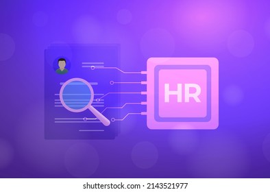 AI in HR - human resource management concept. Artificial intelligence in hiring icon. A robot scans CV resumes database of potential employees for further interviews. HR automation