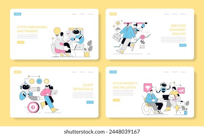 AI in HR management set. Illustration of AI applications in onboarding, sentiment analysis, talent retention, and diversity. Interactive robots assisting employees. Vector illustration.