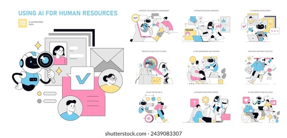 AI for HR set. Efficient candidate engagement and resume filtering. Seamless onboarding with intelligent training tools. Data-driven employee retention strategies. Vector illustration.