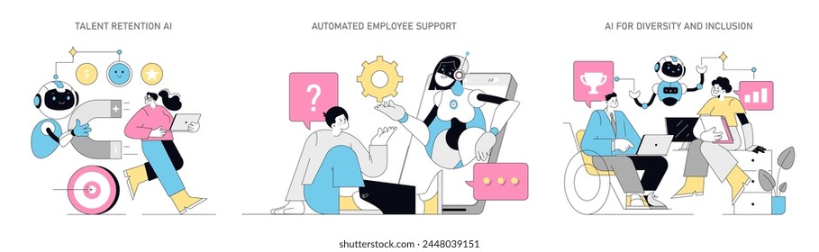 AI for HR set. AI integration in human resources management. Talent retention, automated support, diversity and inclusion. Vector illustration.