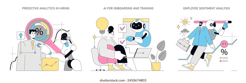 AI in HR set. Streamlining talent acquisition, employee onboarding and morale monitoring with AI. Innovative HR technology solutions. Vector illustration.