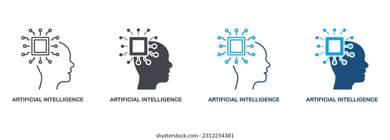 AI in Human Brain Pictogram. Digital Technology and Machine Learning Symbol Collection. Artificial Intelligence Silhouette and Line Icon Set. Isolated Vector Illustration.