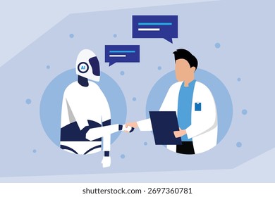 AI and Human Collaboration Partnership. Robot and Man in Lab Coat Shaking Hands, Discussing Data and Innovation in Science or Healthcare Technology 2d flat vector illustrations