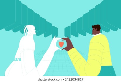 AI and human couple in love. Man and virtual digital woman robot lovers in romantic relationship. Romance between person and artificial intelligence, technology concept. Flat vector illustration.
