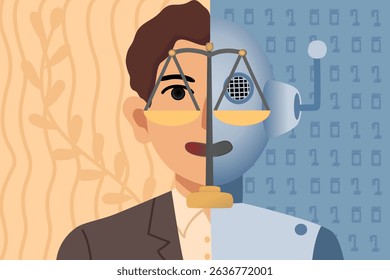 AI e equilíbrio ético humano, ilustração conceitual para o viés tecnológico e a educação da justiça
