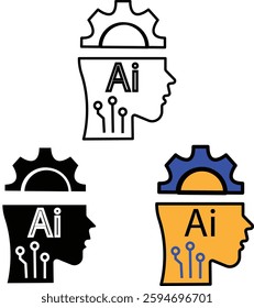 AI Human Gear Icon set Human Head with Gear and Circuit Lines for Cognitive Technology, Process Automation with Transparent Background