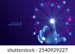 Ai human hand touching particles connect graph. Artificial intelligence neuron connection technology design. Finger robot touch network line background. Futuristic idea vector, big data concept.